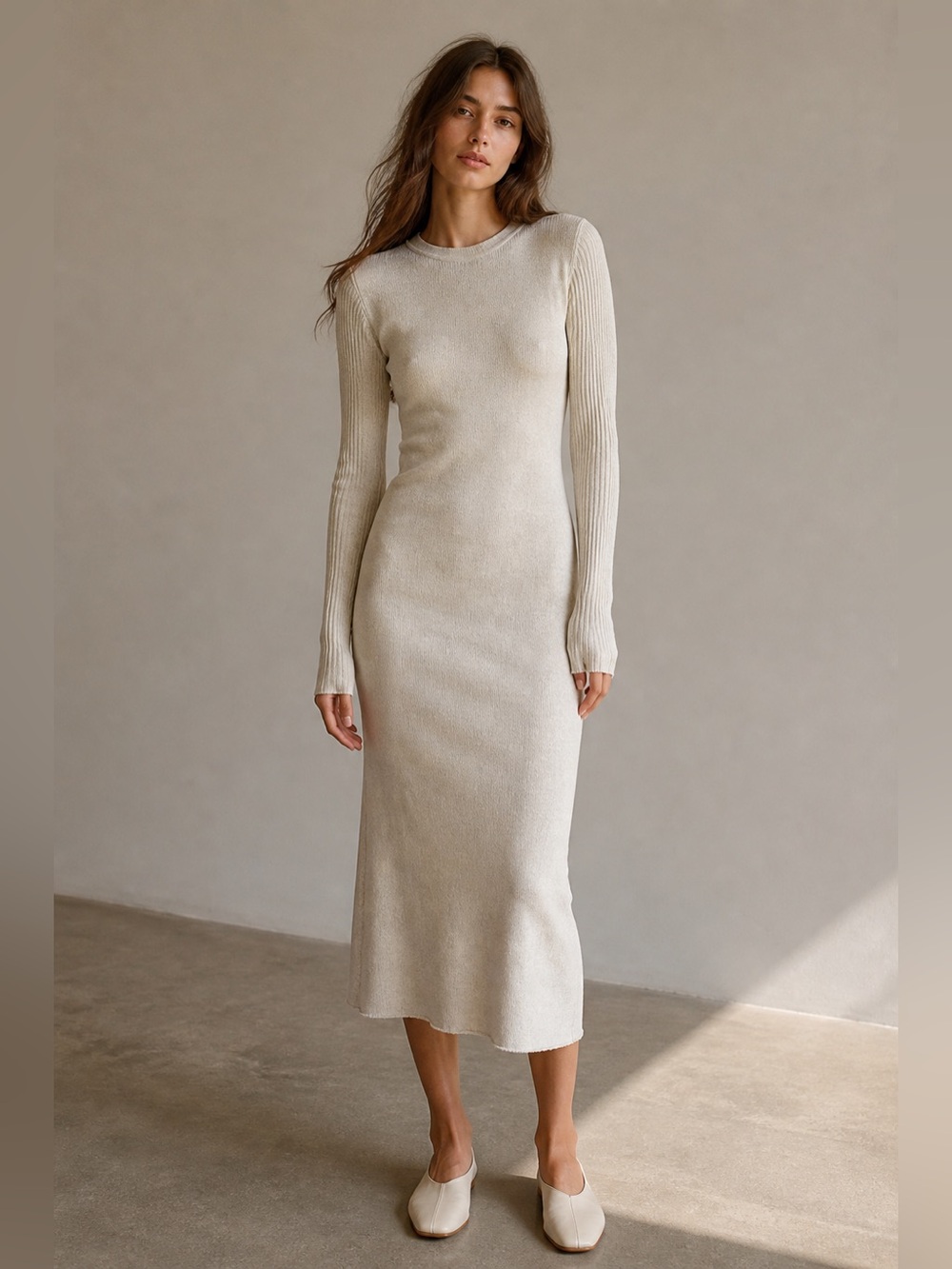 James Perse Ribbed Knit Midi Dress Long Sleeve Linen Blend Size 3 NWT